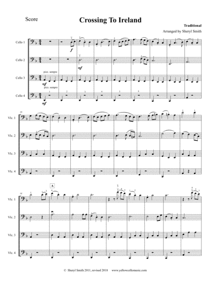 Crossing to Ireland. Traditional Celtic tune for beginner cello quartet (four cellos) (arr. Yellow Cello Music)
