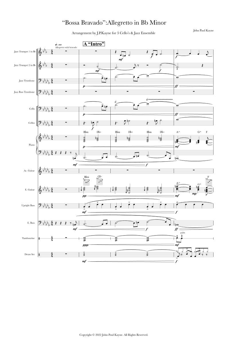 Bossa Bravado; Allegretto in Bb Minor; for 3 cellos & Jazz Ensemble