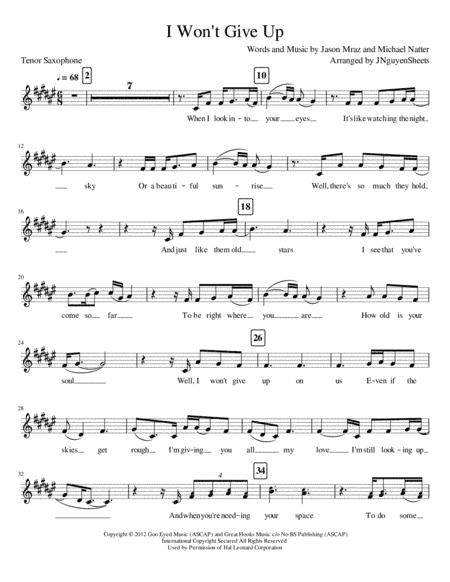 I Won't Give Up (arr. JNguyenSheets)