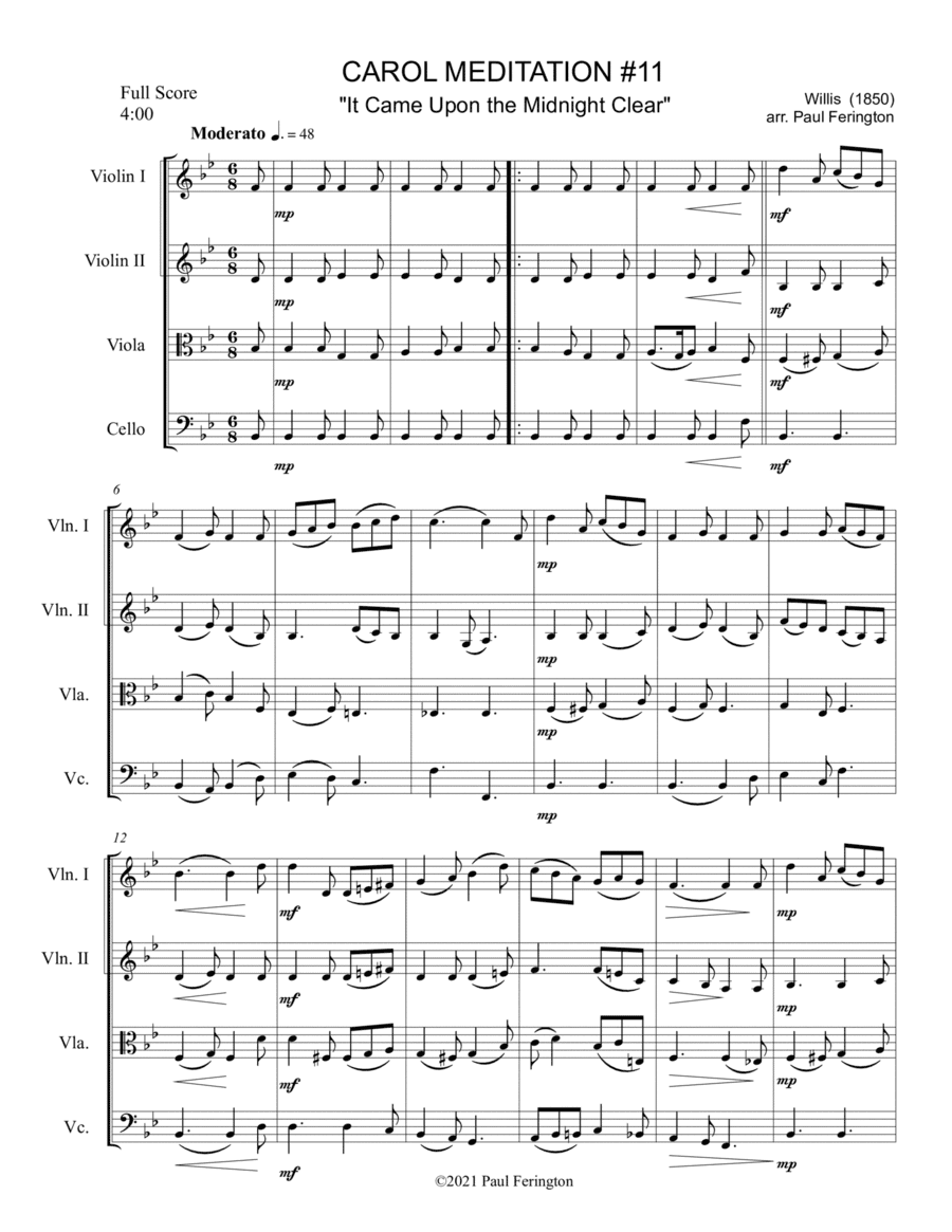 "It Came Upon the Midnight Clear" from 12 CAROL MEDITATIONS for String Quartet (arr. Paul Ferington)
