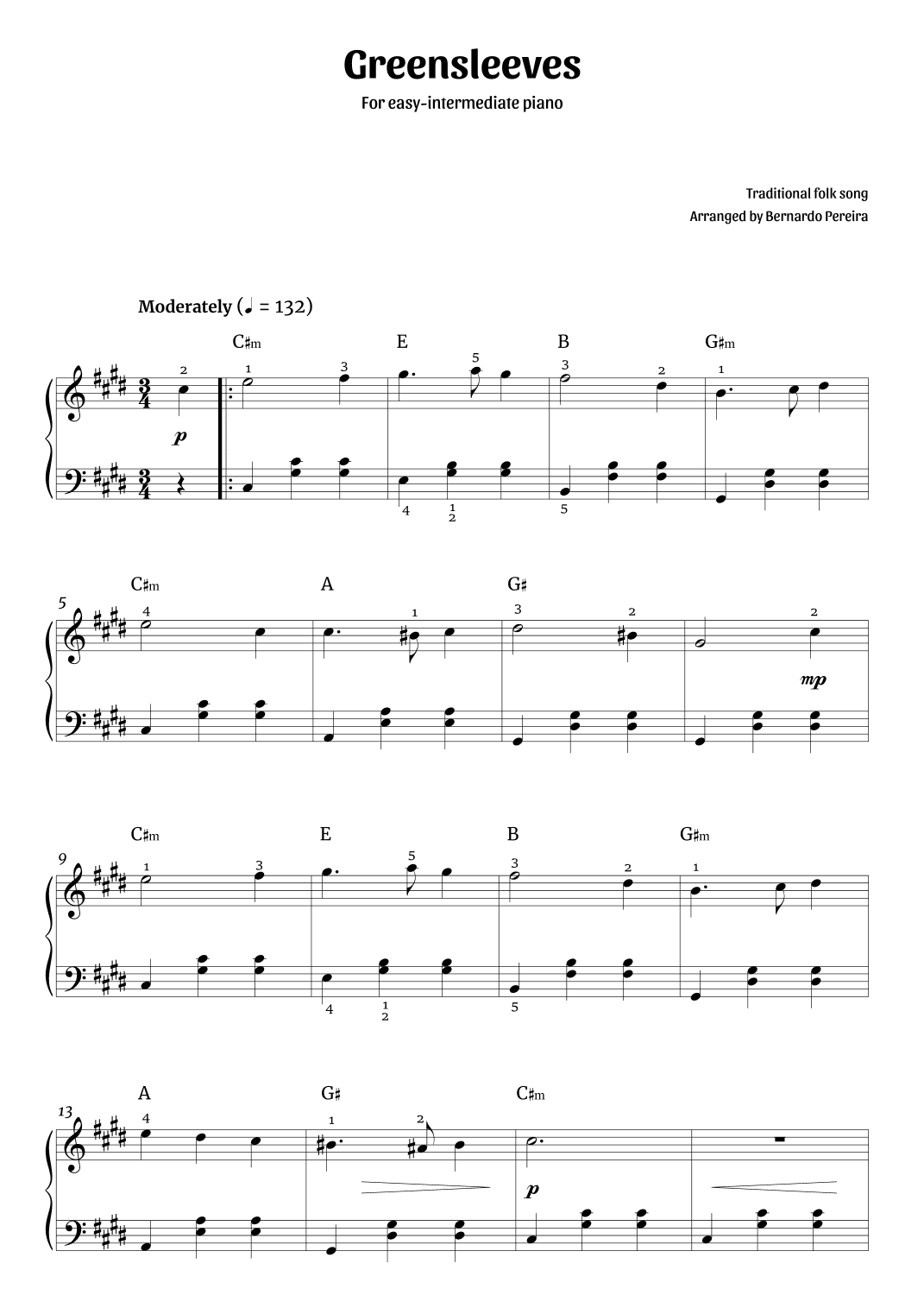 Greensleeves (easy-intermediate piano – C# minor) (arr. Bernardo Pereira)