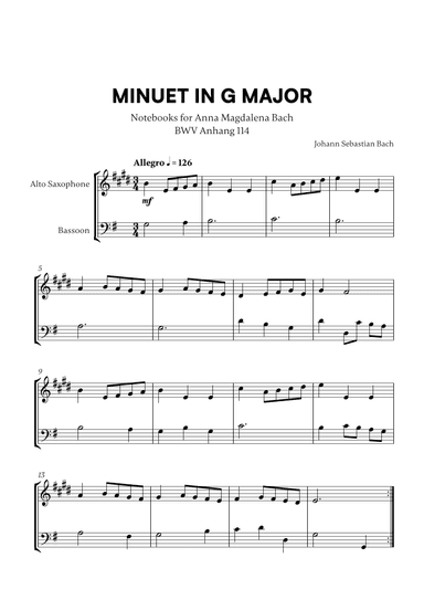 Minuet in G Major (BWV Anh. 114) (for Alto Sax and Bassoon) (arr. Cadenza Editions)