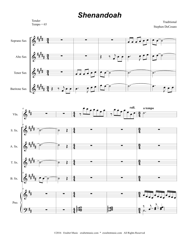 Shenandoah (for Saxophone Quartet and Piano) (arr. Stephen DeCesare)