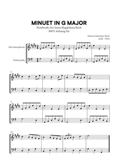 Minuet in G Major (BWV Anh. 116) (for Alto Sax and Cello) (arr. Cadenza Editions)