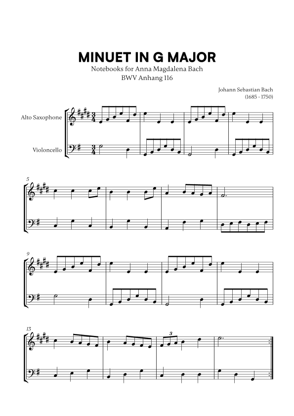 Minuet in G Major (BWV Anh. 116) (for Alto Sax and Cello) (arr. Cadenza Editions)