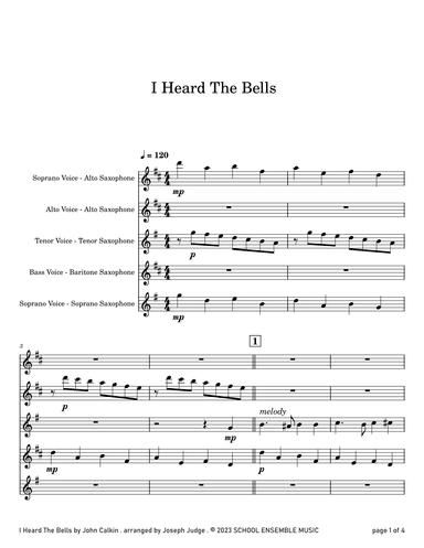 I Heard The Bells for Saxophone Quartet in Schools (arr. Joseph Judge)