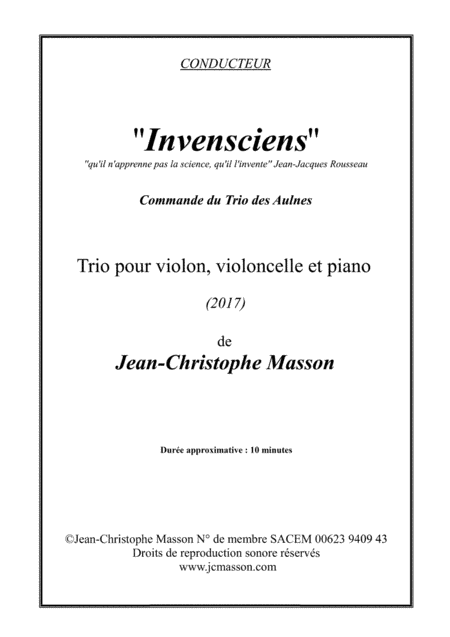 Invensciens --- Trio for Piano, Violin and Cello --- Score and Parts --- Command of Trio des Aulnes