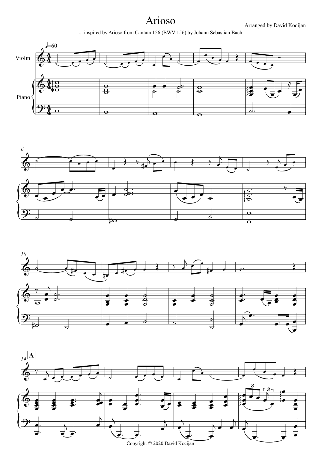 Arioso (violin & piano) - EASY (arr. David Kocijan)