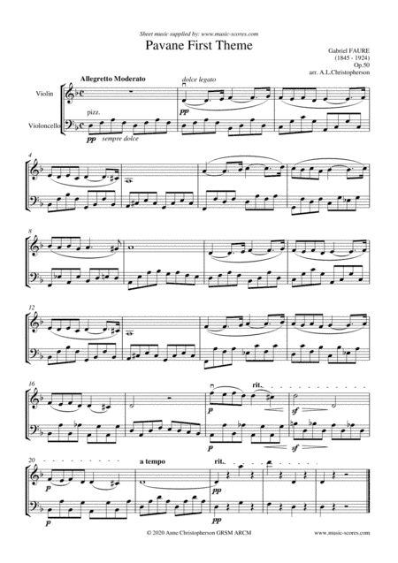 Faure Op.50 Pavane - Violin and Cello (arr. Anne Christopherson GRSM ARCM)