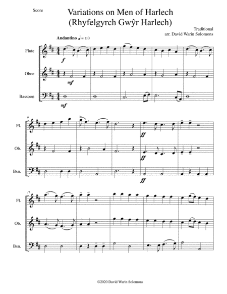 Variations on Men of Harlech (Rhyfelgyrch Gwyr Harlech) for wind trio (flute, oboe, bassoon) (arr. David Warin Solomons)