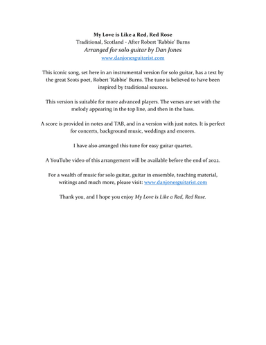 My Love is Like a Red, Red Rose (Solo Guitar Version) (arr. Dan Jones www.danjonesguitarist.com)