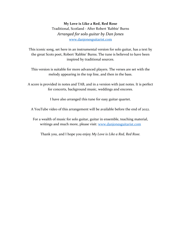 My Love is Like a Red, Red Rose (Solo Guitar Version) (arr. Dan Jones www.danjonesguitarist.com)