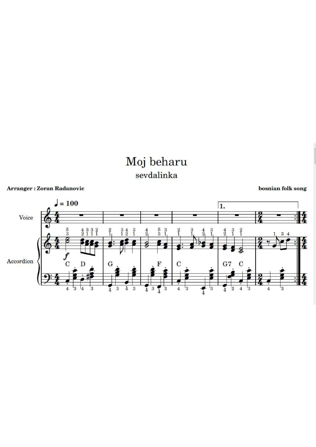 Moj beharu - for voice and accordion (arr. Zoran Radanovic)
