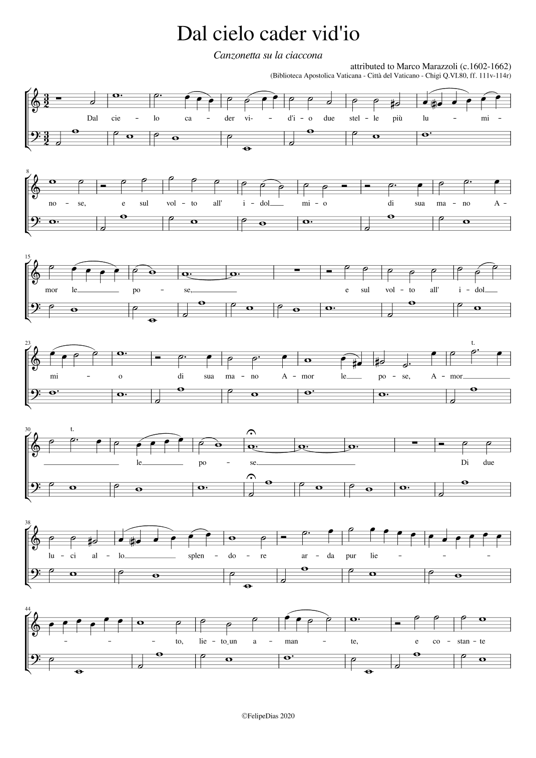 Dal cielo cader vid'io due stelle (arr. Early Music Scores)