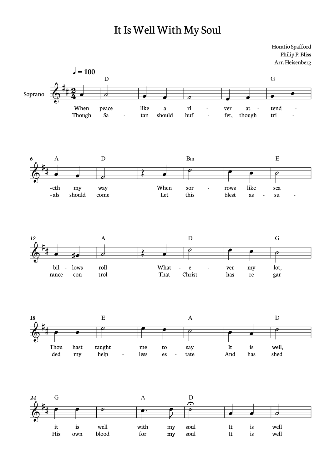 It Is Well With My Soul - Philip Bliss for Soprano in D major (arr. Heisenberg)
