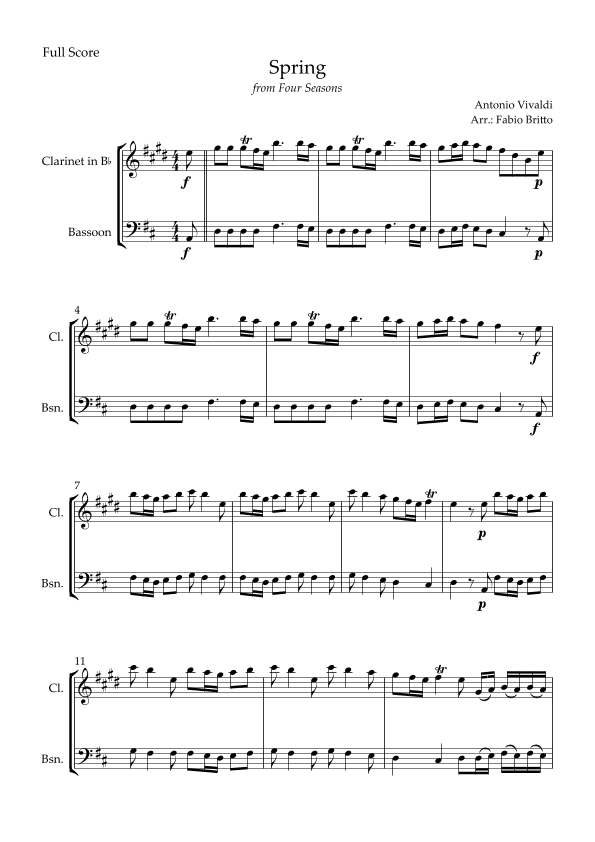 Spring (from Four Seasons of Antonio Vivaldi) for Clarinet in Bb & Bassoon Duo (arr. Fabio Britto)