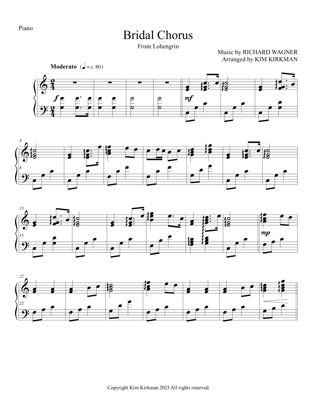 Bridal Chorus - Wagner - Here Comes the Bride for piano - no black notes required (arr. Kim Kirkman)