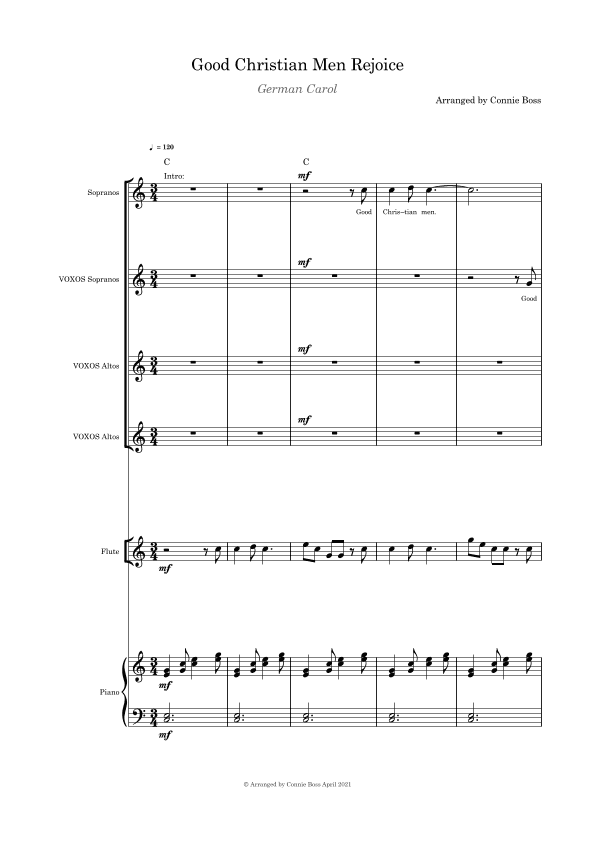 Good Christian Men Rejoice - SSAA, Flute or Cello or Violin and Piano (arr. Connie Boss)