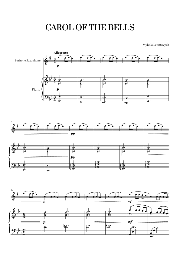 Carol of the Bells (Very Easy/Beginner) (for Baritone Sax and Piano) (arr. Cadenza Editions)