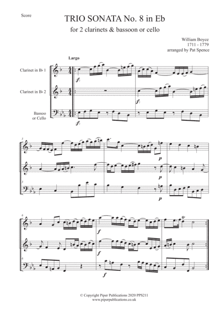 BOYCE TRIO SONATA IN Eb for 2 clarinets & bassoon or cello (arr. Pat Spence)