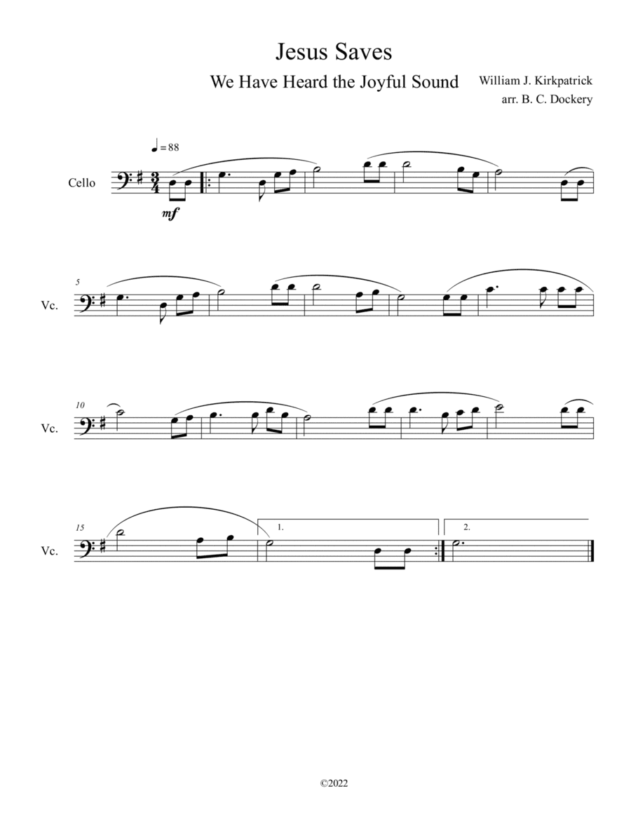 Jesus Saves (We Have Heard the Joyful Sound) Cello Solo (arr. B. C. Dockery)