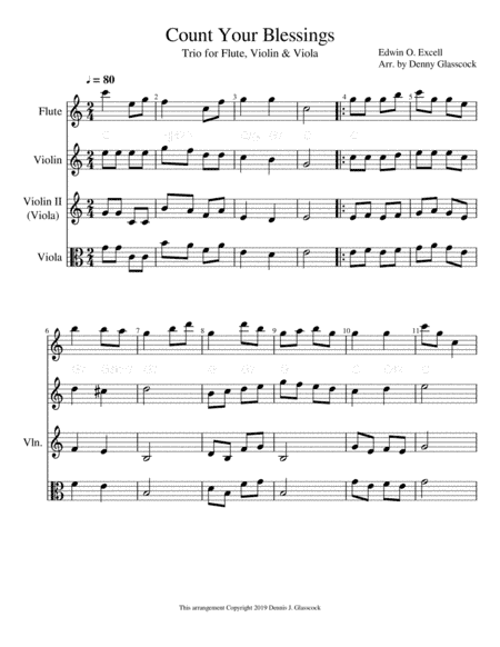 12 Sacred Trios (or Duets) for Flute, Violin & Viola (Violin II) (arr. Denny Glasscock)