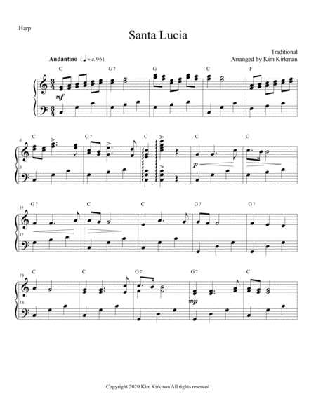 Santa Lucia for harp in C (no levers required) (arr. Kim Kirkman)