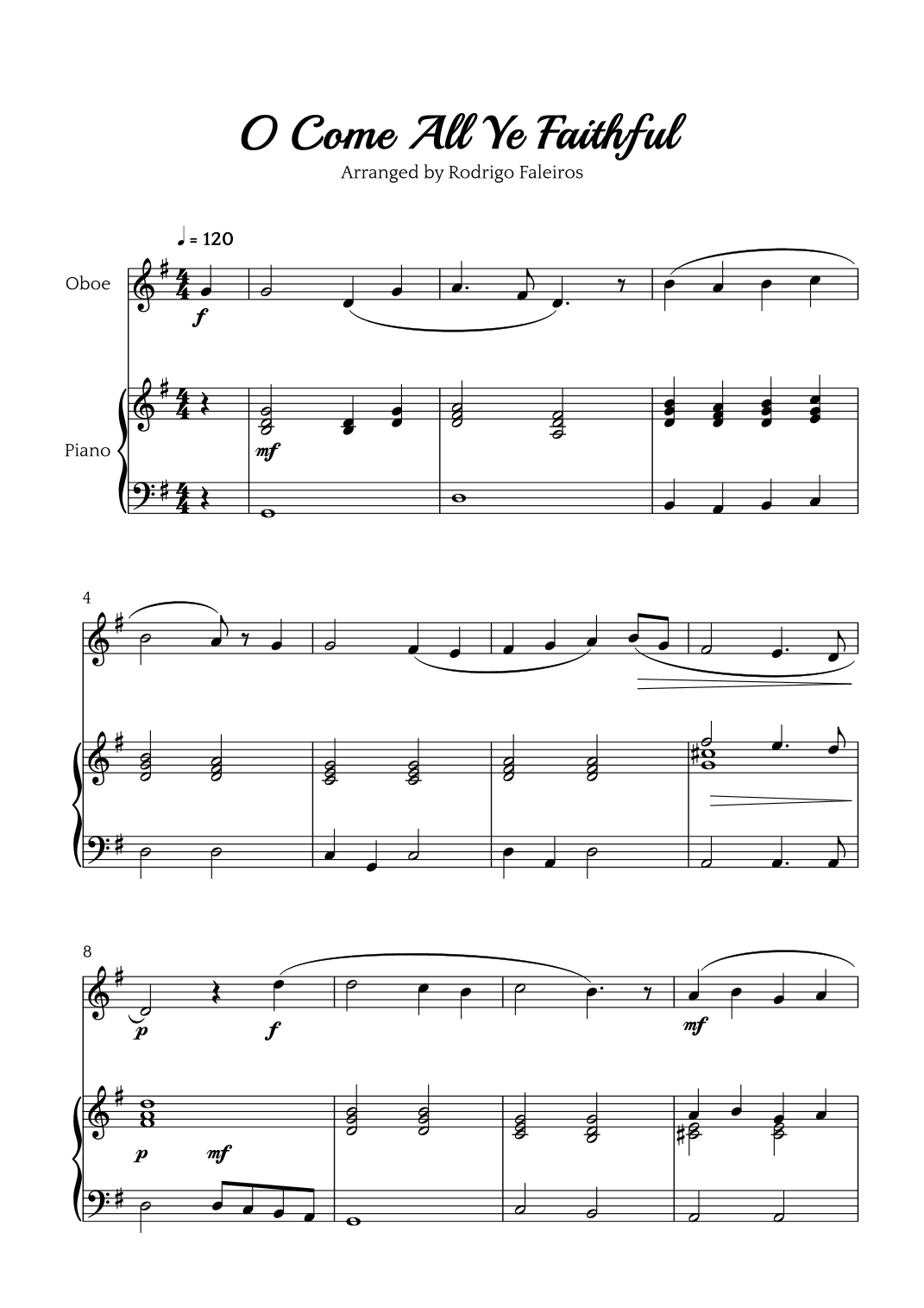 O Come All Ye Faithful (for oboe and piano accompaniment) (arr. Rodrigo Faleiros)