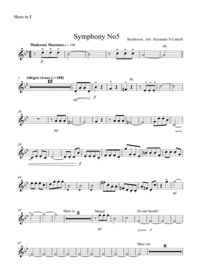 Beethoven's 5th For Brass Quintet Parts Only (arr. Alexander S Cottrell)