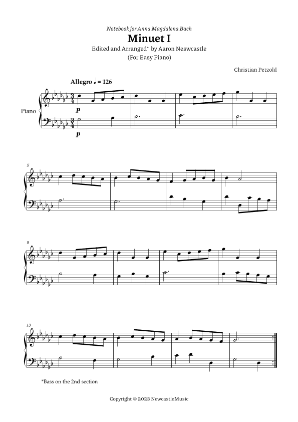 Minuet I Bach, A. M. (Book) |  C. Petzold | Gb Major (#07/12 Keys) — For Easy Piano (arr. Aaron Newcastle)