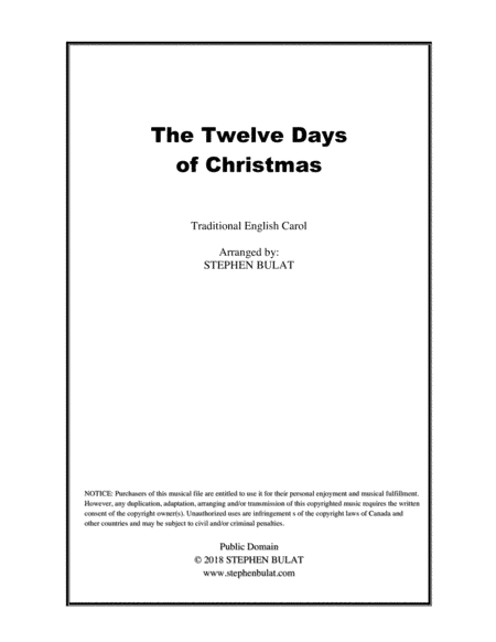 The Twelve Days of Christmas - Lead sheet (melody, lyrics & chords)  in key of F (arr. Stephen Bulat)