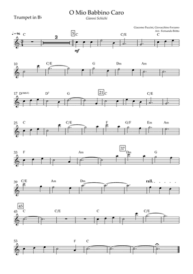 O Mio Babbino Caro (Puccini) for Trumpet in Bb Solo with Chords (arr. Fernando Britto)