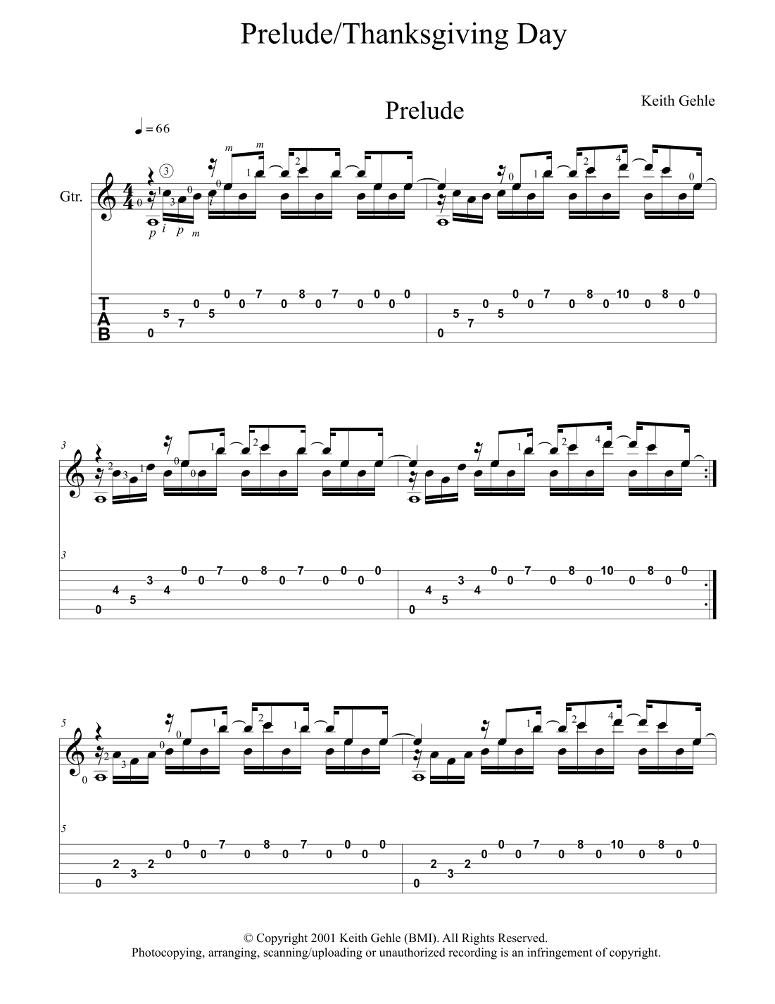 "Prelude/Thanksgiving Day" for solo classical fingerstyle guitar (+ TAB)