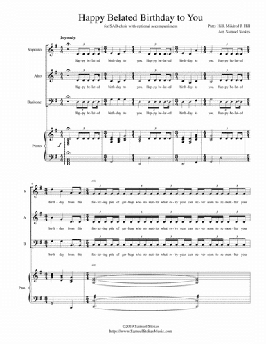 Happy Belated Birthday to You - for SAB choir with optional piano accompaniment (arr. Samuel Stokes)