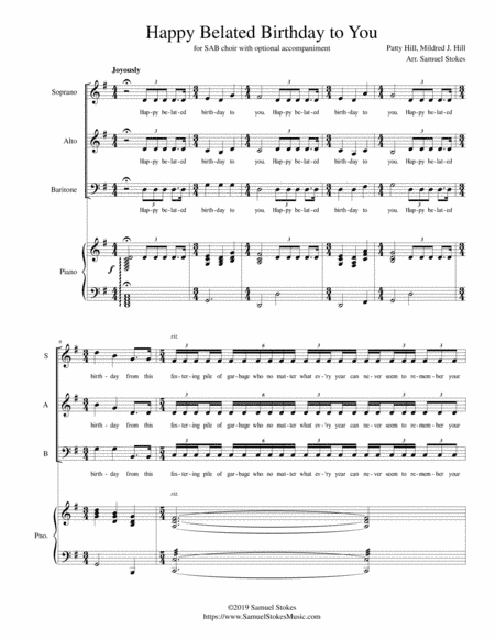 Happy Belated Birthday to You - for SAB choir with optional piano accompaniment (arr. Samuel Stokes)