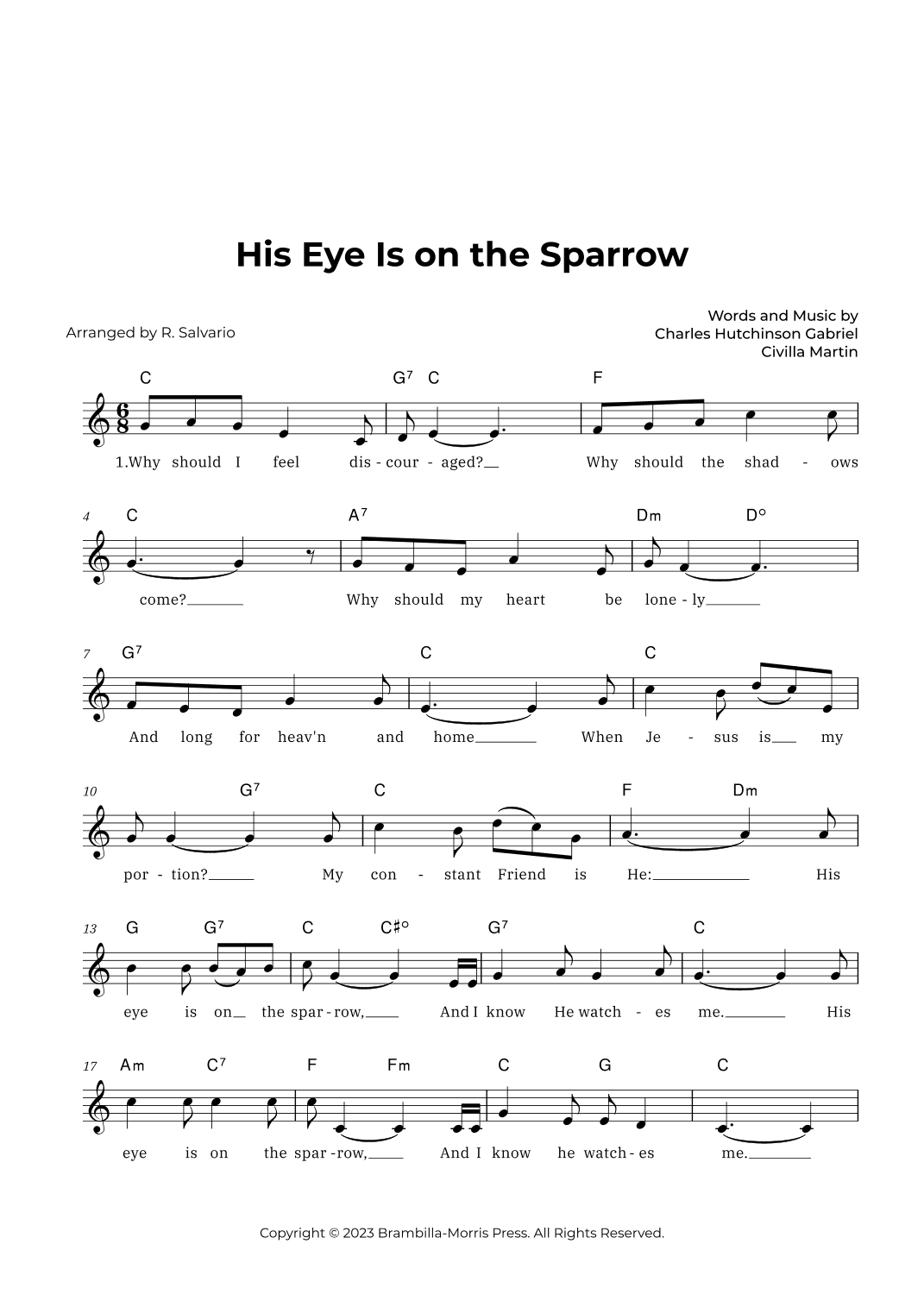 His Eye Is on the Sparrow (Key of C Major) (arr. R. Salvario)