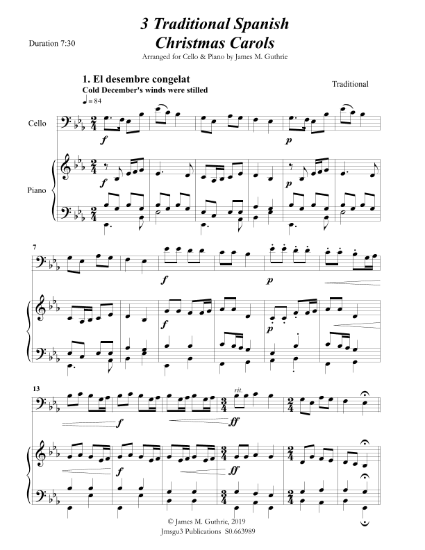 3 Traditional Spanish Christmas Carols for Cello & Piano (arr. James M. Guthrie, ASCAP)