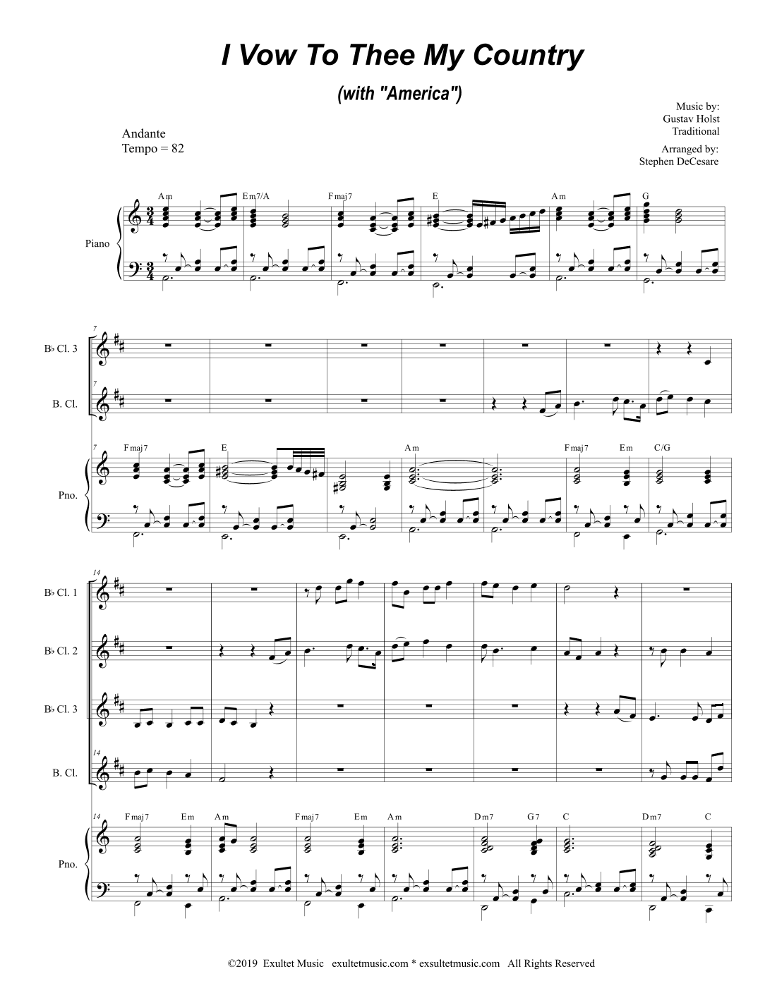 I Vow To Thee My Country (with "America") (for Clarinet Choir and Piano) (arr. Stephen DeCesare)