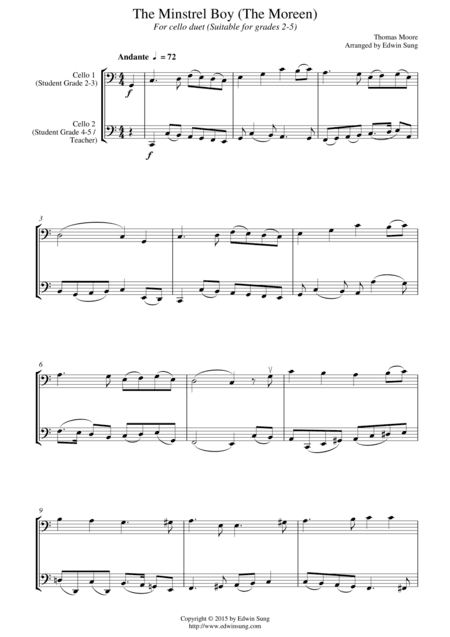 The Minstrel Boy (The Moreen) (for cello duet, suitable for grades 2-5) (arr. Edwin Sung)