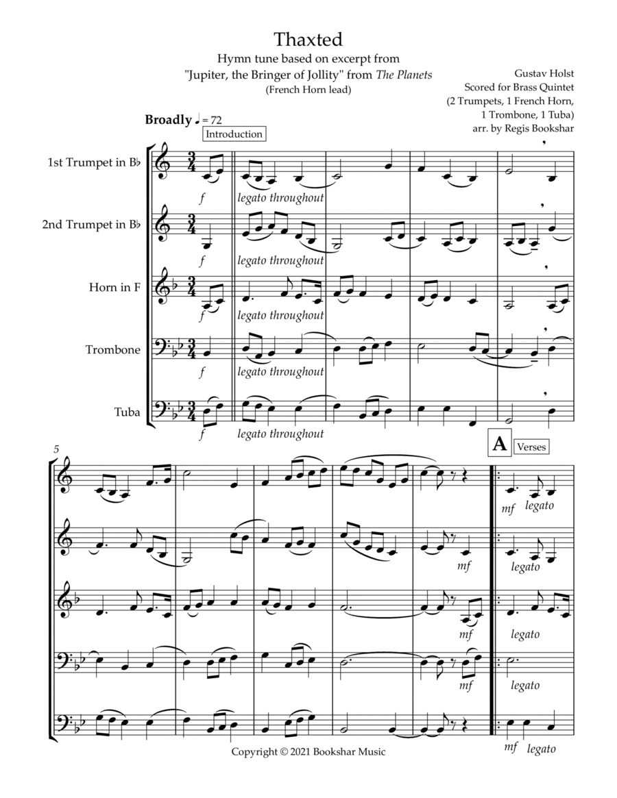 Thaxted (hymn tune based on excerpt from "Jupiter" from The Planets) (Bb) (Brass Quintet - 2 Trp, 1 (arr. Regis Bookshar)