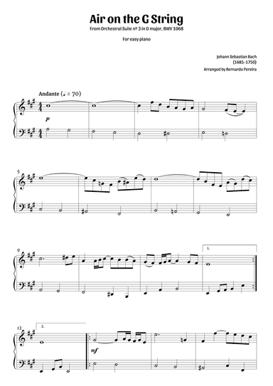 Air on the G string (easy piano – A major – clean sheet music) (arr. Bernardo Pereira)