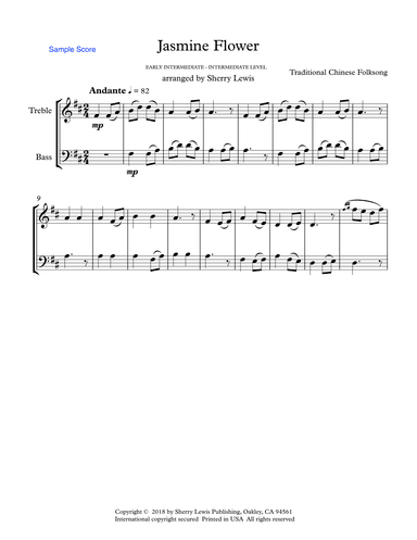 JASMINE FLOWER - Traditional Chinese Folk Song, Duo for 1 treble and 1 bass instrument, Intermediate (arr. Sherry Lewis)