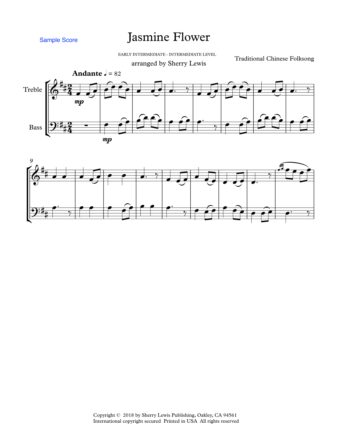 JASMINE FLOWER - Traditional Chinese Folk Song, Duo for 1 treble and 1 bass instrument, Intermediate (arr. Sherry Lewis)
