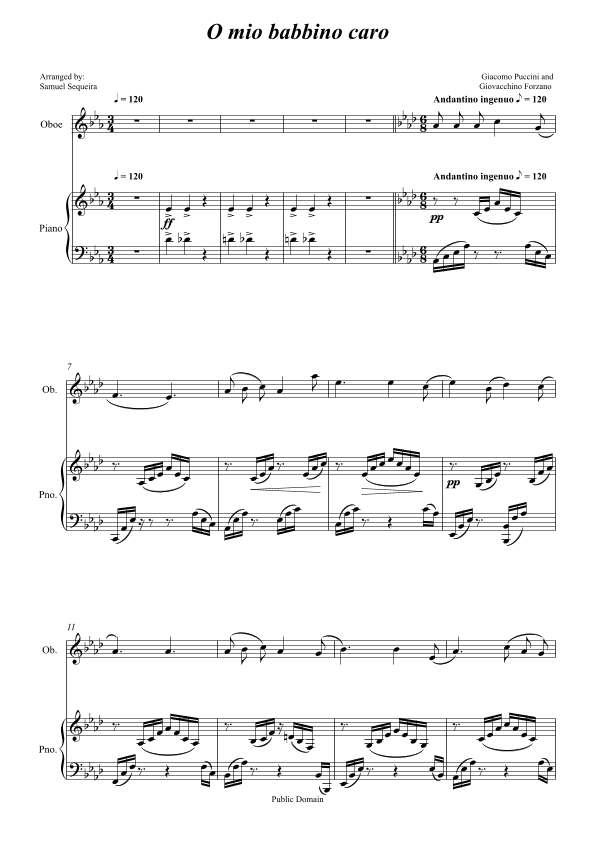 O mio babbino caro - for Oboe and Piano accompaniment - orchestral play along (arr. Samuel Sequeira)