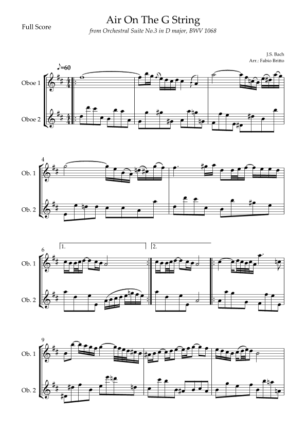 Air On The G String (J.S. Bach) for Oboe Duo (arr. Fabio Britto)
