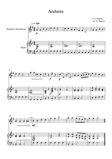Andante (Surprise Symphony), Franz Joseph Haydn, For Soprano Saxophone & Piano (arr. Eugene Egorov)