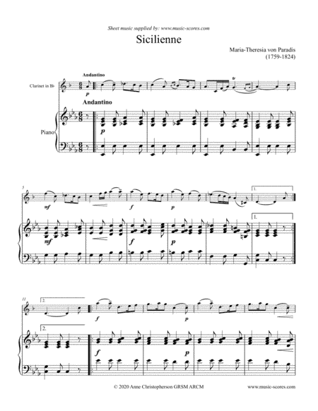 Paradies: Sicilienne - Clarinet and Piano (arr. Anne Christopherson GRSM ARCM)