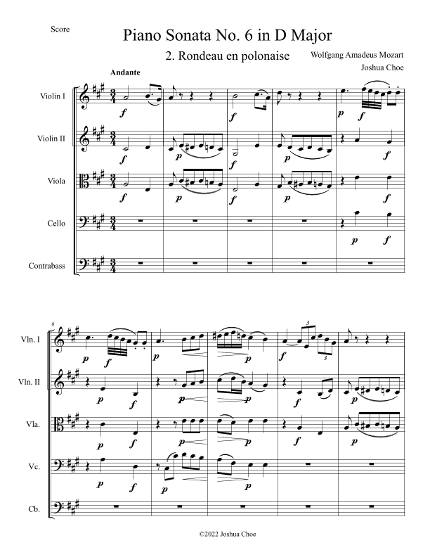 Piano Sonata No. 6 in D Major, Movement 2 (arr. Joshua Choe)