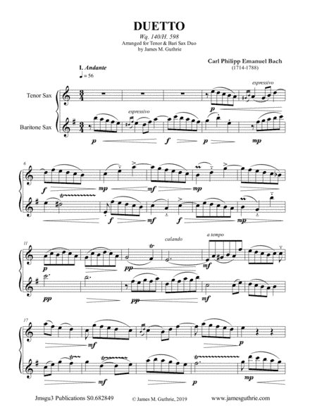 CPE Bach: Duetto Wq. 140 for Tenor & Baritone Sax Duo (arr. James M. Guthrie, ASCAP)