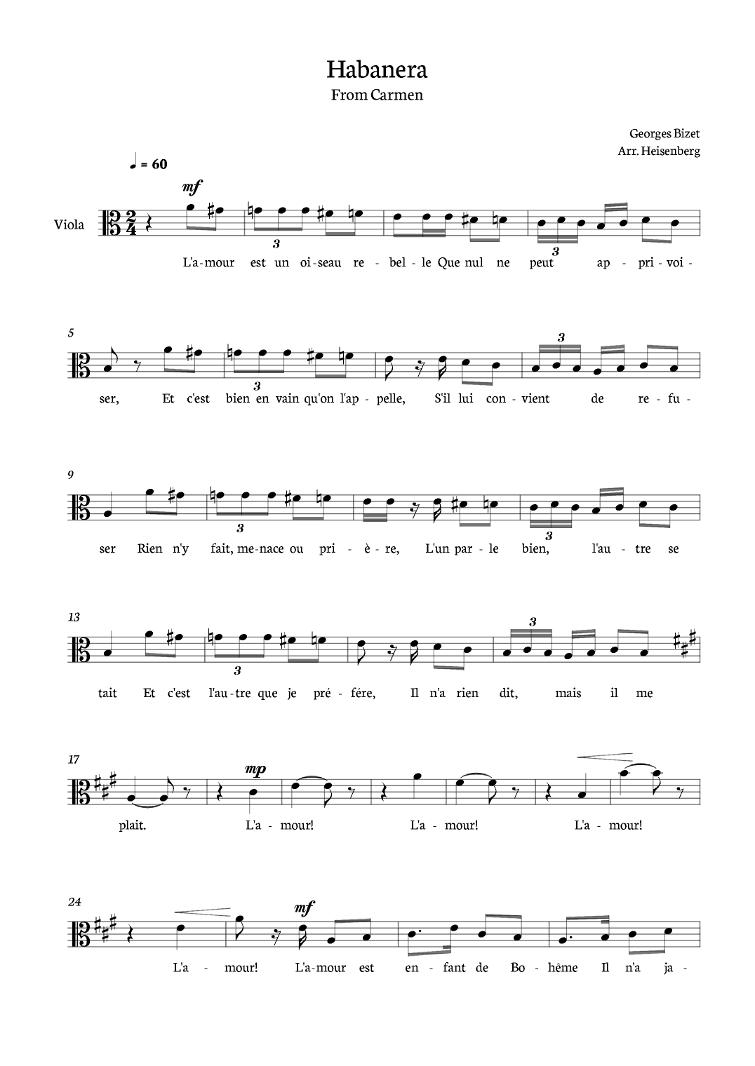 Habanera from Carmen for Viola (arr. Heisenberg)